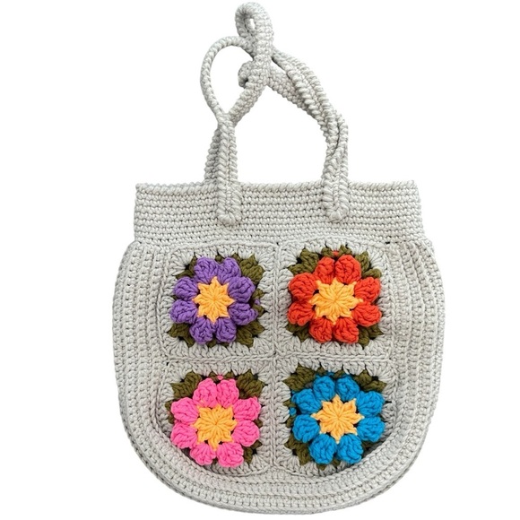 Handmade Crochet Granny Square Popcorn Stitch Floral Mini Handbag | Cottagecore - Picture 2 of 6